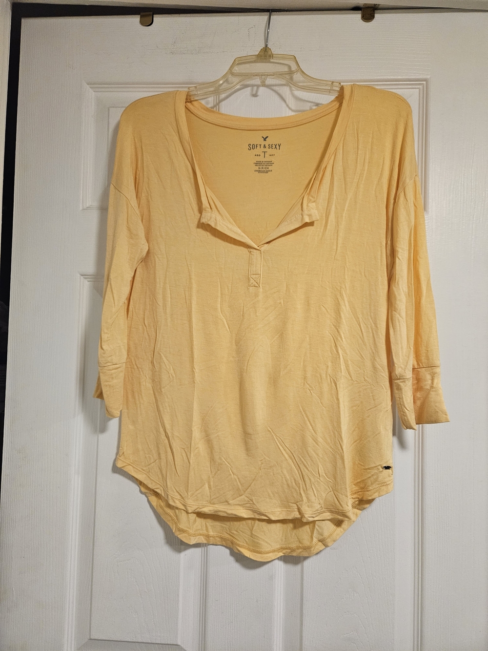 American Eagle Outfitters Soft & Sexy Light Yellow Henley Long Sleeve Top